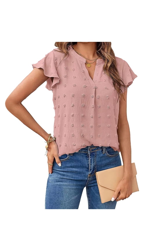 Tops for Women V Neck Short Sleeve Summer Blouse Plain Trendy Pink Flounce for Women