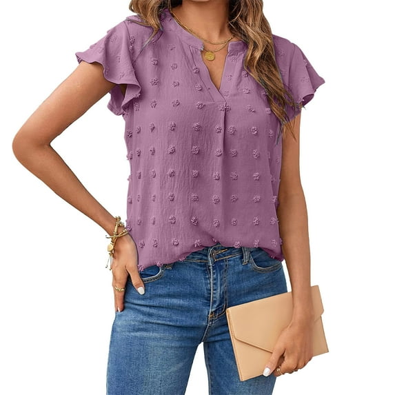 ALLLIST Tops for Women V Neck Summer Short Sleeve Blouse Plain Fashion Purple Flounce Ladies Tops