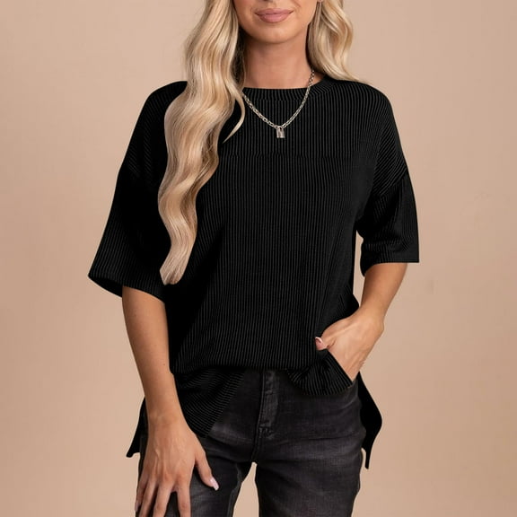 ALLLIST Trendy Tops for Women 2024 Black Ribbed Crew Neck Short Sleeve Solid T-Shirts Summer Blouses XL