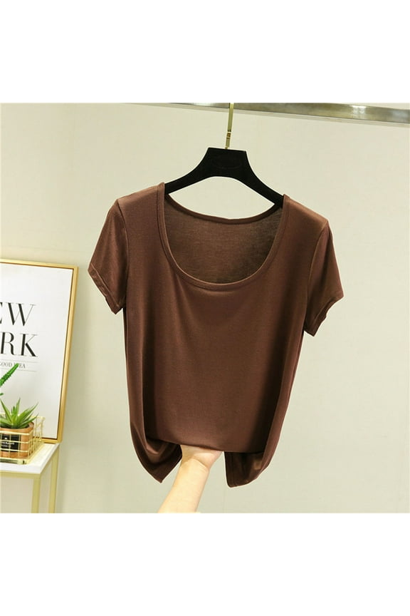 Trendy Tops for Women 2024 Brown Scoop Neck Solid Casual Short Sleeve T-Shirts T Shirts for Women M