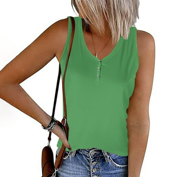 ALLLIST Trendy Tops for Women 2024 Green V-Neck Sleeveless Solid Button Tank Tops Tank L