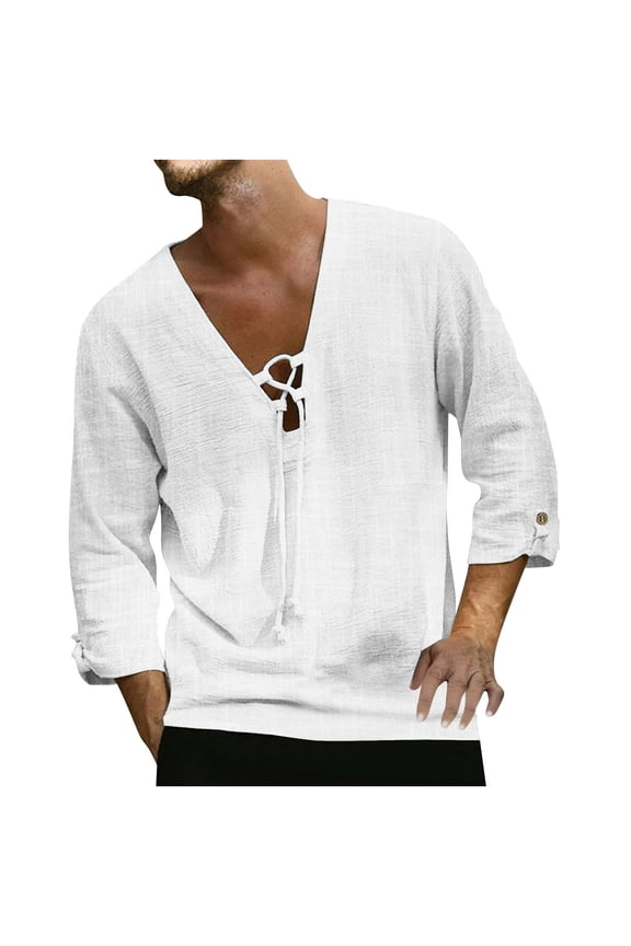 V-Neck Cute Summer Tops for Men Elbow-Length White Solid T-Shirts Drawstring Breathable Casual Casual Men's Polo Shirts