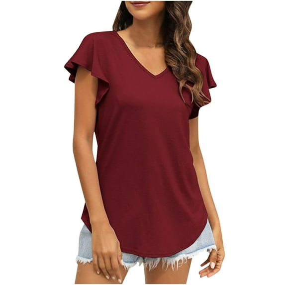 ALLLIST V-Neck Cute Summer Tops for Women Red Short Sleeve Solid Casual Flounce T-Shirts Tees