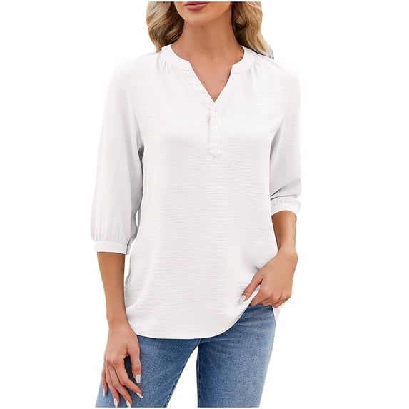 ALLLIST V-Neck Cute Summer Tops for Women White 3/4 Sleeve Solid T-Shirts Casual Button Womens Shirts Under $5