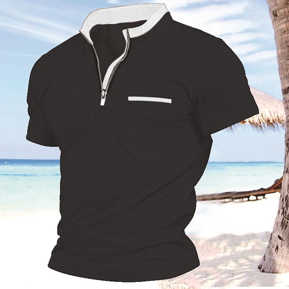 ALLLIST Mens Black Short Sleeve V-Neck Solid T-Shirts Quarter Zip with Pocket Pullover Polo T Shirts for Men