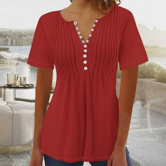 ALLLIST V-Neck Spring Tops Short Sleeve Red Solid Casual Pleated Button T-Shirts Womens Shirts Under $10