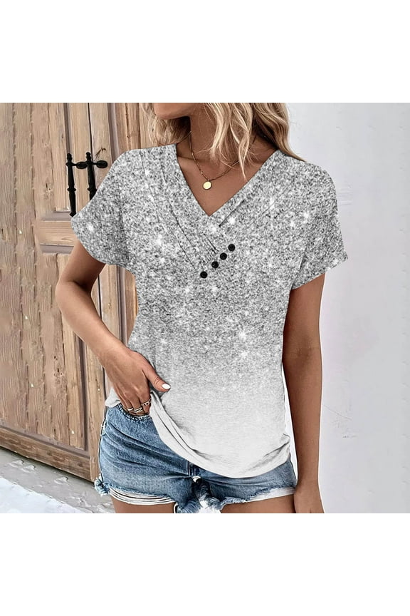 V-Neck Summer Tops for Women 2024 Silver Short Sleeve Floral T-Shirts Button Casual Blouses for Women Dressy Casual