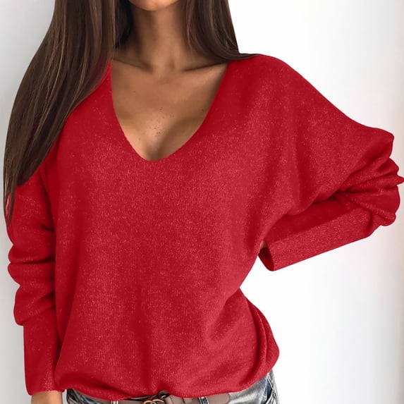 ALLLIST V Neck Sweater Women Pullover Long Sleeve Red Plain Raglan Sweaters Ladies