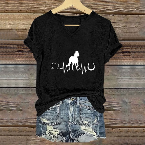 ALLLIST V Neck Tops for Women Black Summer T-Shirts Short Sleeve Fashion Animal Print Shirts Clothing for Women