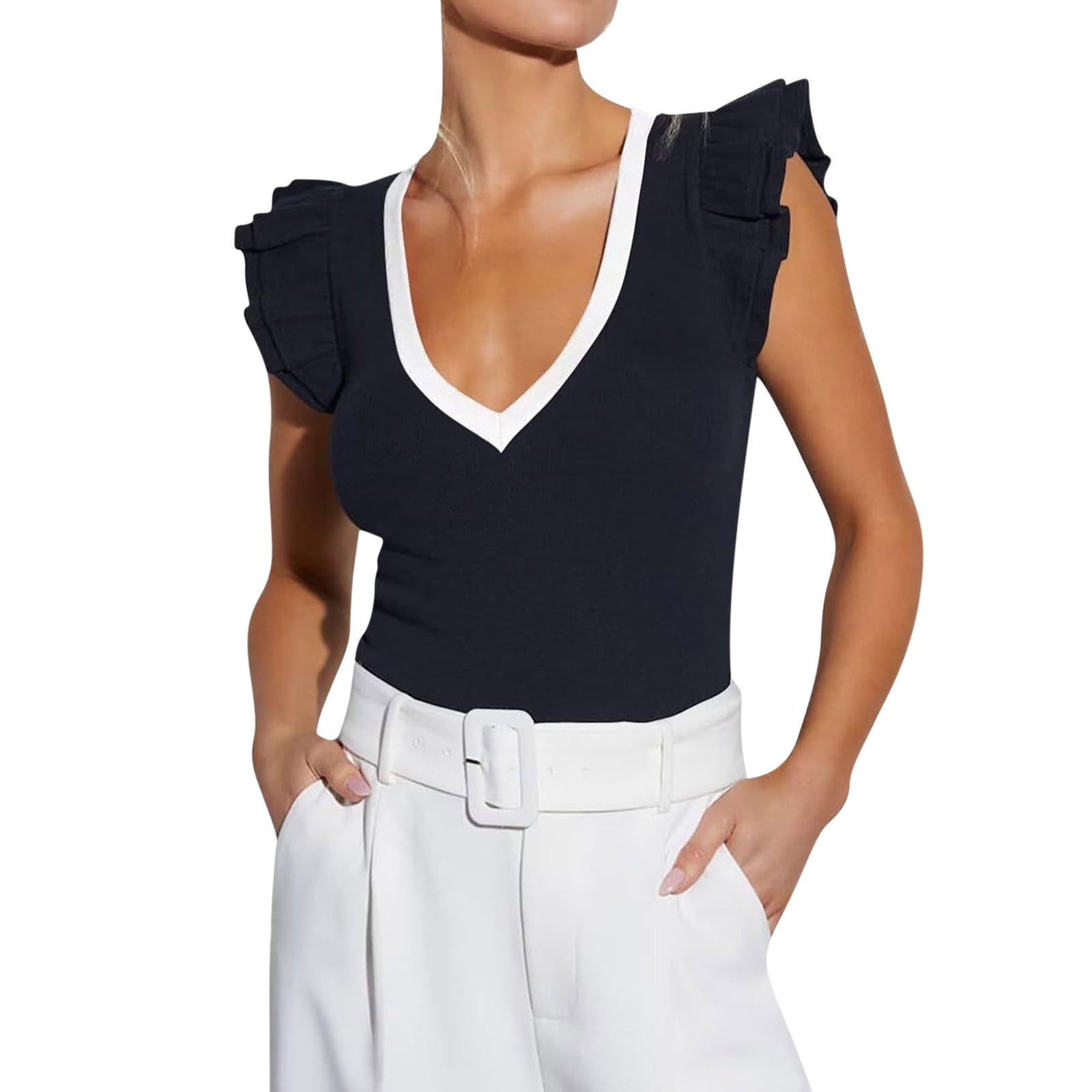 ALLLIST V Neck Tops for Women Cap Sleeve Shirts Trendy Plain Black — free download