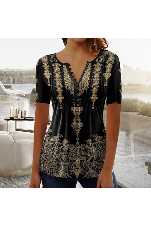 V-Neck Tops for Women Pleated Short Sleeve Tunic Trendy Brown Ethnic Blouses Womens Clothing