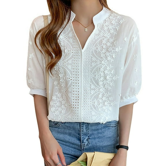 ALLLIST V Neck Tops for Women Puff Sleeve Blouse White Summer Solid Cutout Ladies Tops