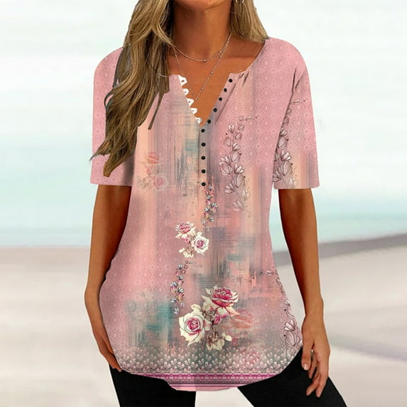 ALLLIST V-Neck Tops for Women Short Sleeve Holiday Tunic Floral Casual Pink Blouses Tops for Ladies