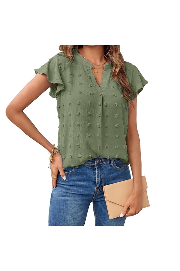 V Neck Tops for Women Short Sleeve Summer Blouse Fashion Green Solid Flounce Tops for Ladies