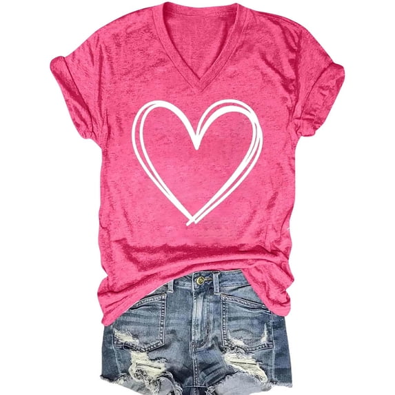 ALLLIST V Neck Women's Tops Short Sleeve Going Out Tee Shirts Pink Drop Shoulder Love Heart Blouse Tops for Ladies