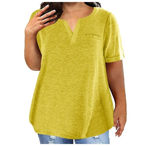 ALLLIST V-Neck Women's Tops Summer Plus Size Tee Shirts Yellow Short Sleeve Solid Casual Blouse for Women