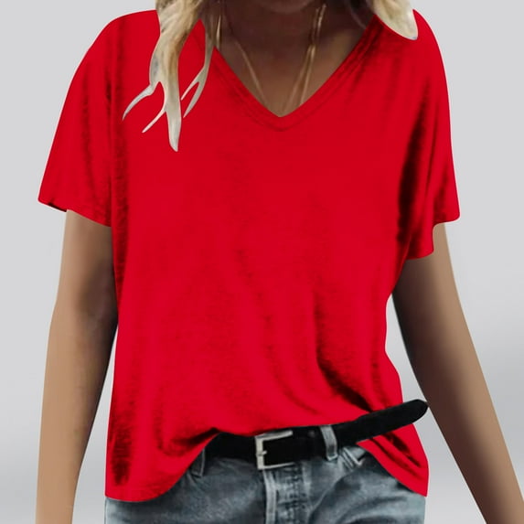 ALLLIST V-Neck Womens Summer Tops Short Sleeve Red Solid Casual T-Shirts Blouses & Button-Down Shirts