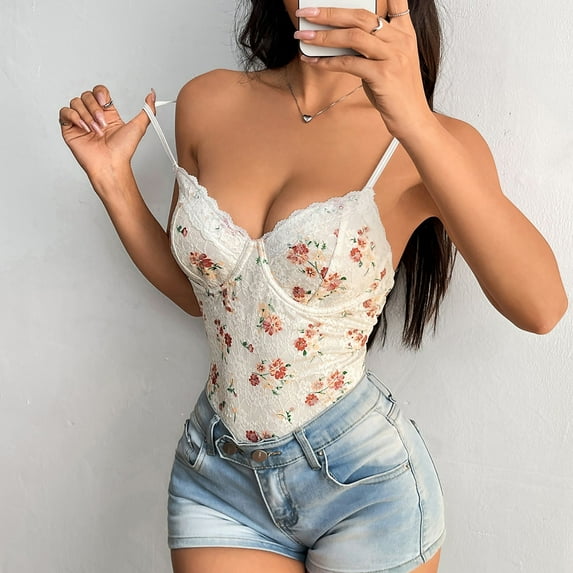 ALLLIST V Neck Womens Tops Camisole Strap Lace Bodysuit Floral Trendy Beige Pullover Womens Clothing