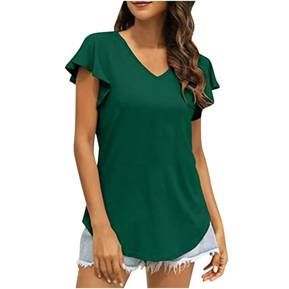 ALLLIST V-Neck Womens Tops Clearance Short Sleeve Green Solid T-Shirts Casual Flounce Ladies Tops and Blouses