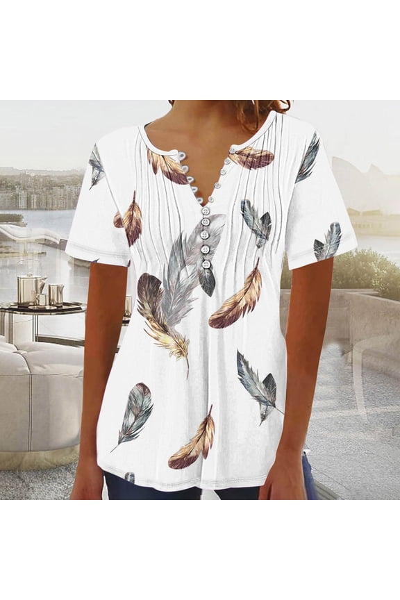 V-Neck Womens Tops Pleated White Blouses Short Sleeve Feather Print Casual Shirts Ladies Tops