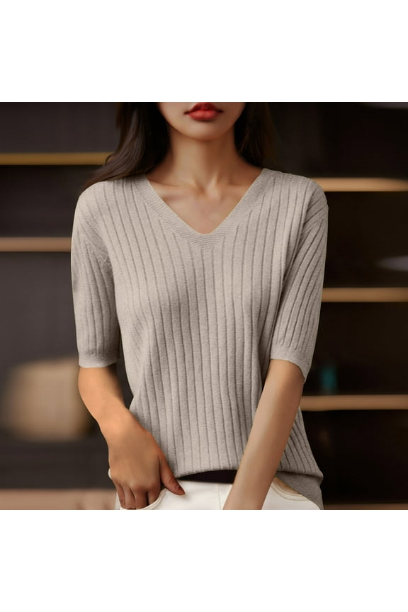 V Neck Womens Tops Ribbed Yellow T-Shirts Plain Trendy Elbow-Length Shirts Clothing for Women