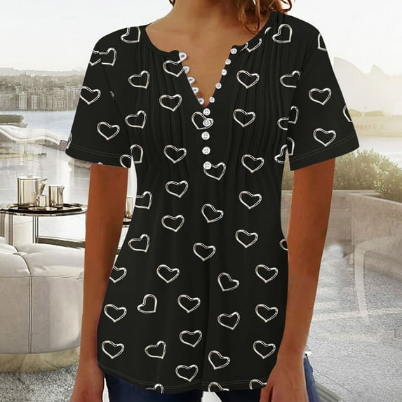 ALLLIST V-Neck Womens Tops Short Sleeve Black Graphic Button Pleated T-Shirts Casual Spring Blouse