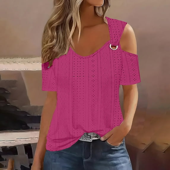 ALLLIST V-Neck Womens Tops Short Sleeve Cold Shoulder Blouses Casual Plain Pink Shirts Ladie's Tops