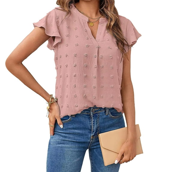 ALLLIST V Neck Womens Tops Summer Short Sleeve Blouse Solid Pink Trendy Flounce Ladie's Tops
