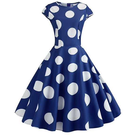 ALLLIST Vintage Women Dress A Line Crew Neck Skater Dress Blue Polka Dot Short Sleeve Party Ladie Dresses