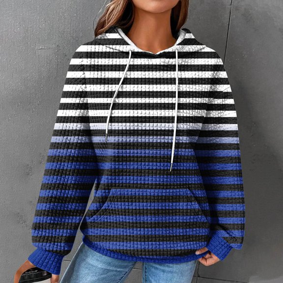 ALLLIST Waffle Knit Drawstring Hoodies for Teen Girls Long Sleeve Pullover Blue with Pockets Loose Gradient Ladies Sweatshirt