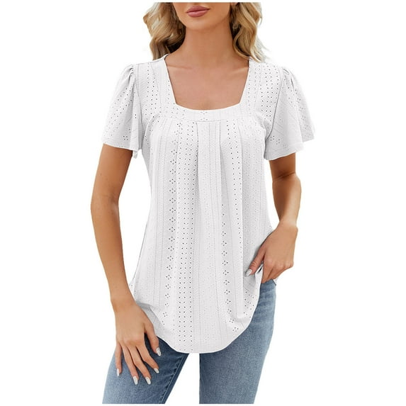 ALLLIST White Cute Summer Tops for Women Short Sleeve Square Neckline Pleated Flounce Blouses Pleated Solid Blouses for Women