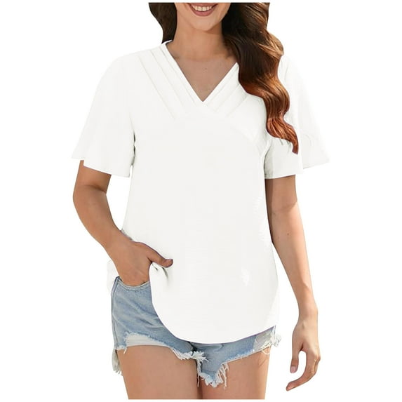 ALLLIST White Summer Tops for Women Solid V-Neck Elbow-Length T-Shirts Blouses for Women Dressy Casual