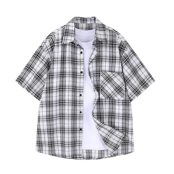 ALLLIST White Tops Short Sleeve Collared Plaid T-Shirts with Pocket Button Casual Mens Shirts