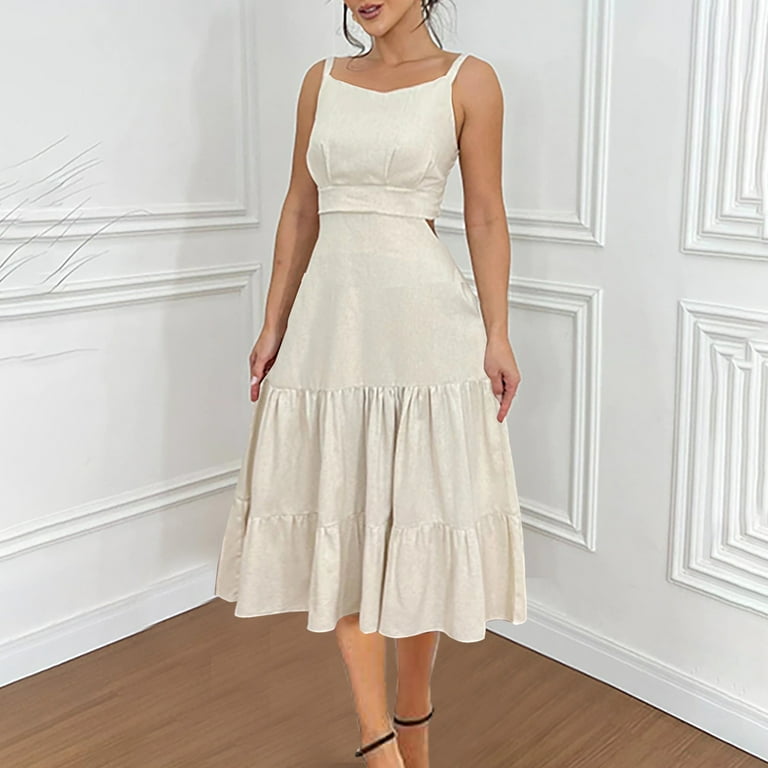 ALLLIST White Women's Dresses Summer Midi Slip Dress Solid Waist