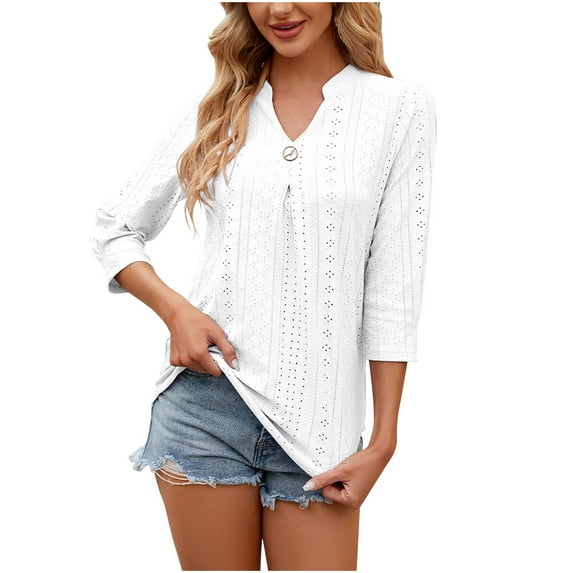 ALLLIST White Womens Spring Tops V-Neck 3/4 Sleeve Solid Casual Button T-Shirts Spring Blouses for Women 2024