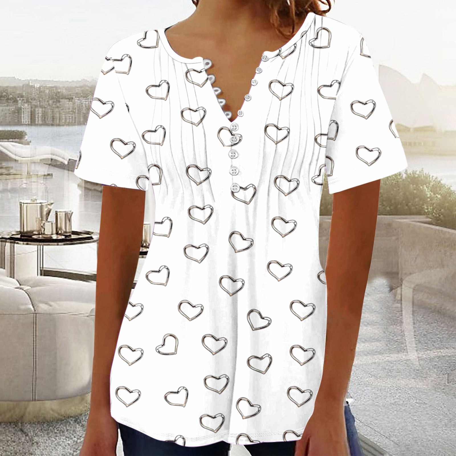 ALLLIST White Womens Tops Clearance V-Neck Short Sleeve Graphic Pleated ...