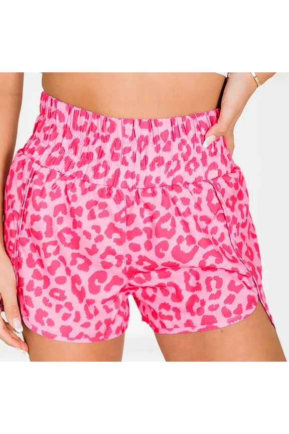 Wide-Leg Girls Shorts Short High Pink Leopard Print Elastic Comfy Dolphin Capris Pants for Women 95%Polyester,5%Spandex Dolphin M