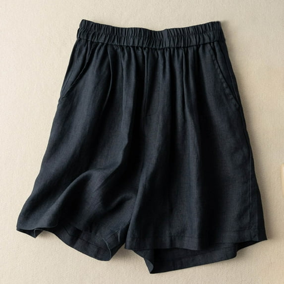 ALLLIST Wide-Leg Shorts High Short Black Solid Comfy Elastic Trousers Cotton and Linen Skorts for Girls 60%Cotton,40%Linen Trousers XXL