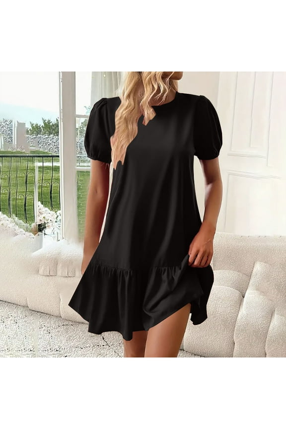 Women Dresses Black Puff Sleeve Spring Sundress Fashion Solid Mini Womens Clothing Size S-2XL