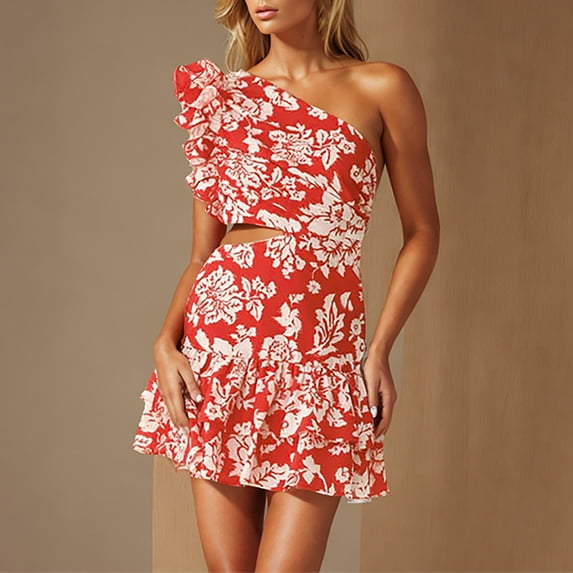 ALLLIST Women Dresses Mini one Shoulder Spring Sundress Ruffle Red Trendy Floral Bodycon Teen's Dresses