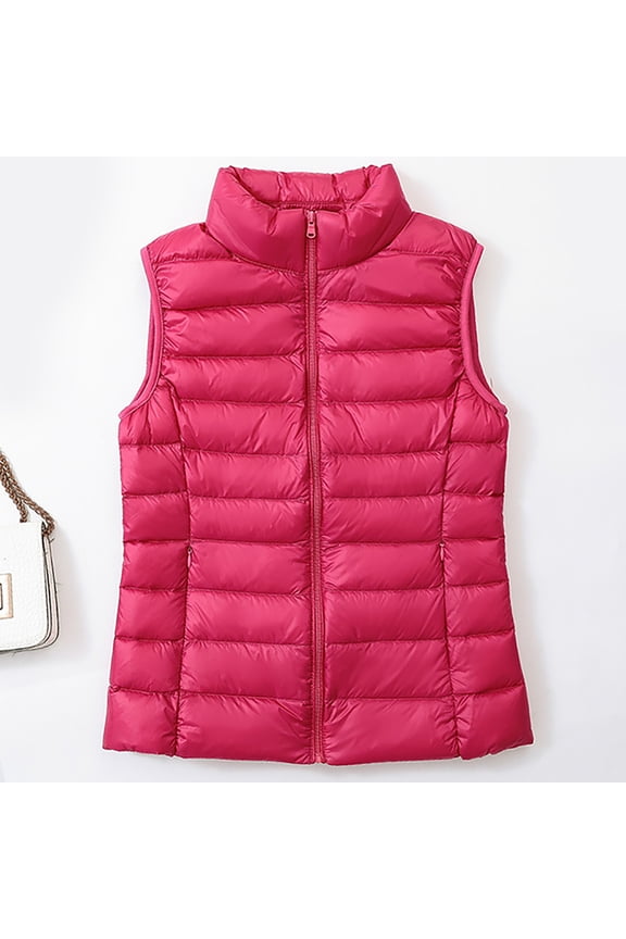 Women Jackets Zip up Vests Pink Solid Casual Quilted Jackets for Ladie
