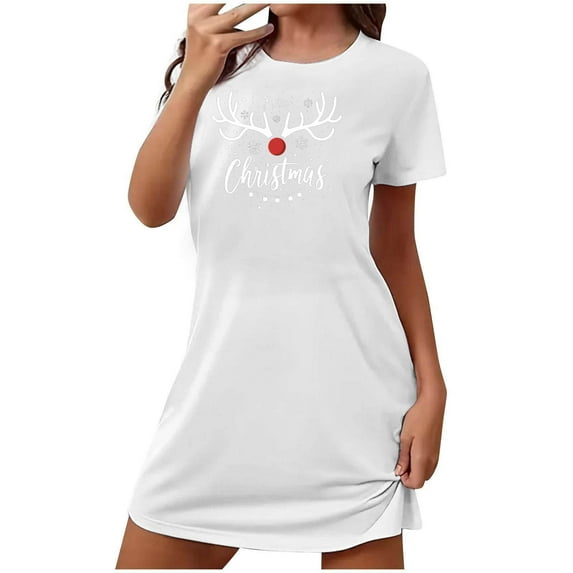 ALLLIST Women Nightgowns Short Sleeve Christmas Sleepwear Round Neck Soft White Sleepshirts Ladies Nightgowns