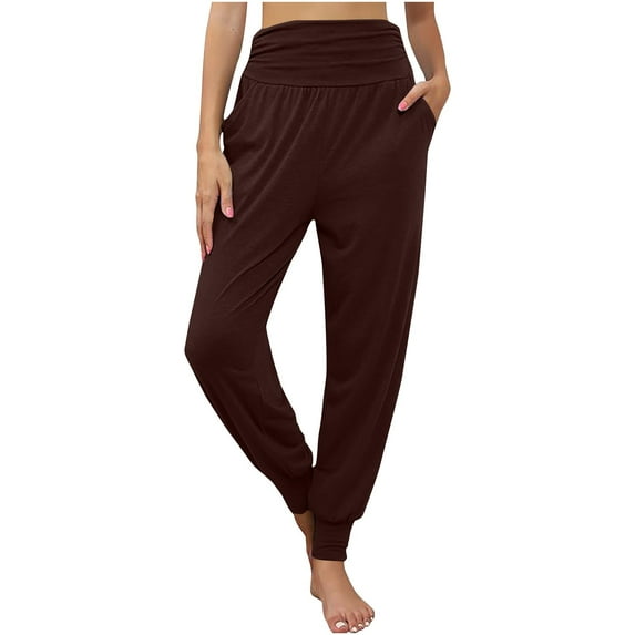ALLLIST Women Pants Elastic Waist Joggers Brown Solid Knit Pants Women