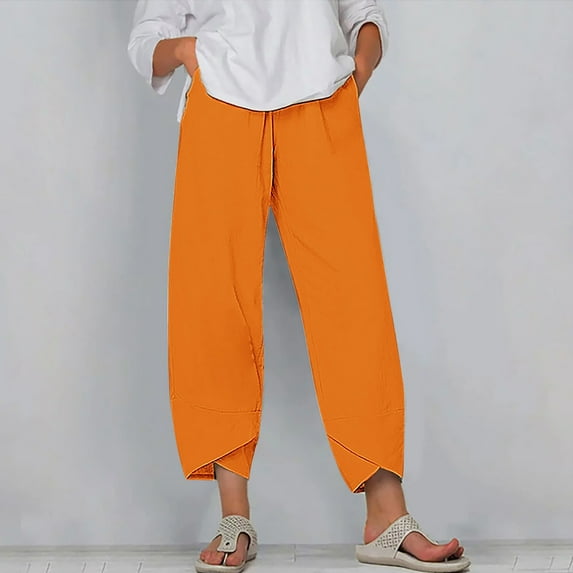 ALLLIST Women Pants Elastic Waist Knit Pants Solid Orange Knit Ladies Pants