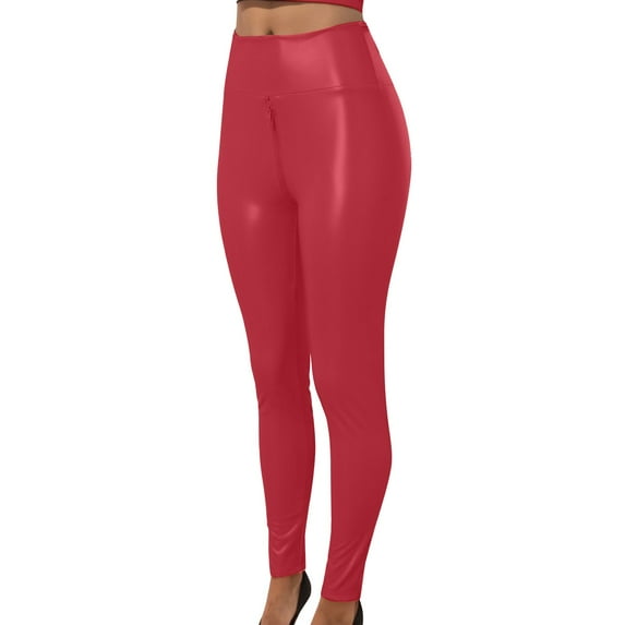 ALLLIST Women Pants Elastic Waist Leather Pants Red Plain Slim Fashion Party Pants for Ladie