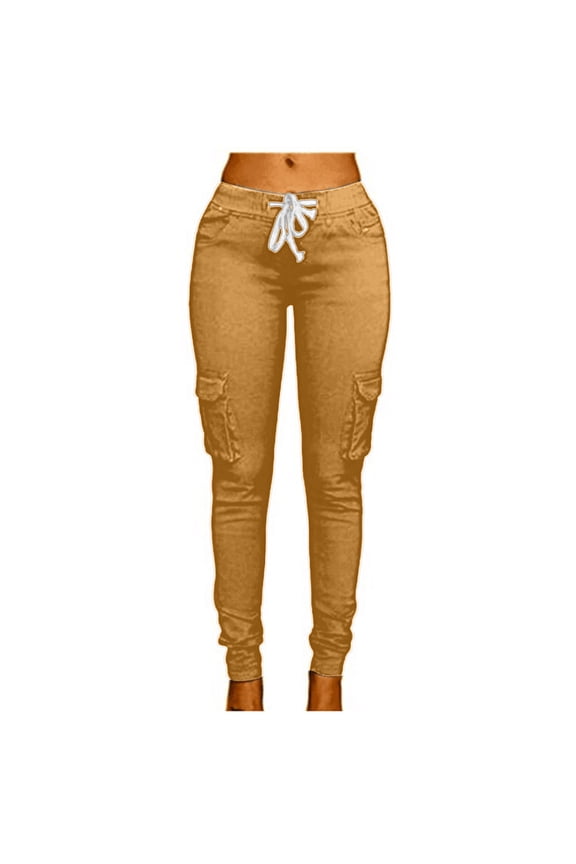 Women Pants Low Rise Elastic Waist Joggers Plain Slim Yellow Knit Teens Pants