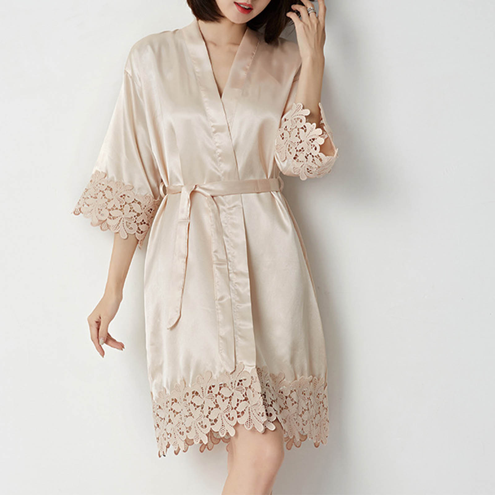 Bed 2 Robe ALLLIST Women Robes Lightweight Silk Bed Jackets Beige Solid Lace Women ...