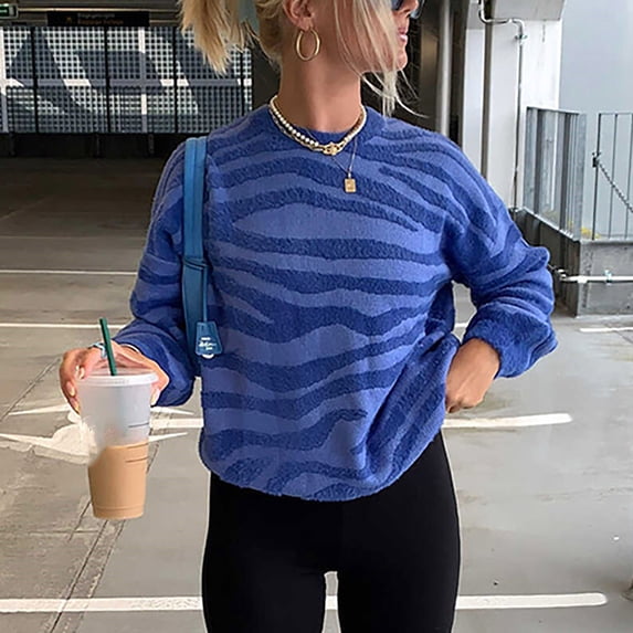 ALLLIST Women Sweaters Blue Pullover Casual Long Sleeve Tiger Stripe Raglan Sweater Teen