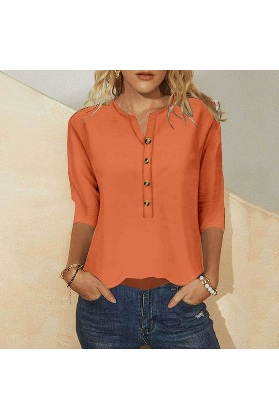 Women Tops Orange Button Solid V-Neck 3/4 Sleeve T-Shirts Womens Blouses S