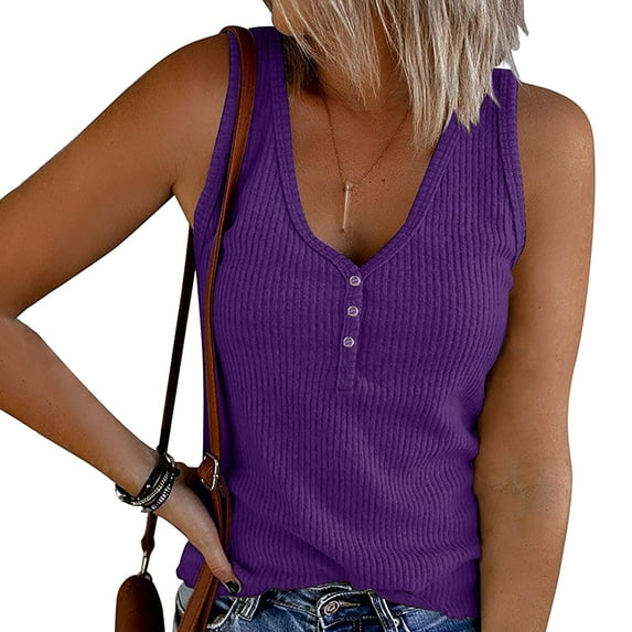 ALLLIST Women Tops Purple Solid Button V-Neck Ribbed Sleeveless Tank Tops Tank Tops for Women 2024 S